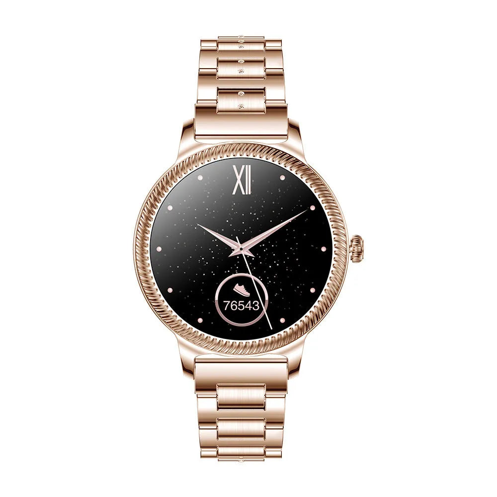 AK38 ladies smart watch with stainless steel strap and 1.09 inch colour touchscreen display