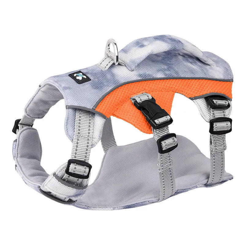 Reflective pet cooling chest strap in light blue colour with adjustable sizing options