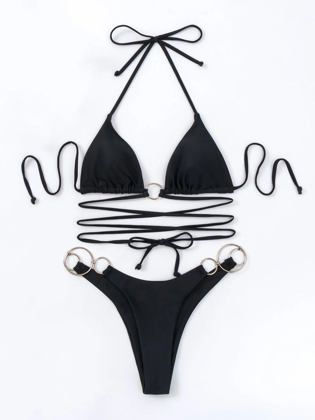 Black women's bikini set with metal rings and long back straps