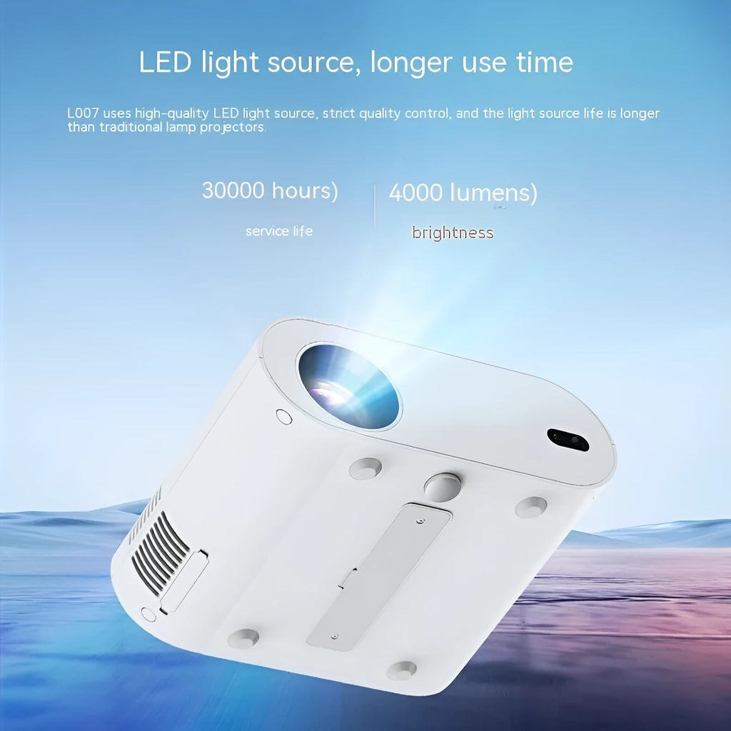 White T07 Full HD smart projector with remote control on a grey surface.