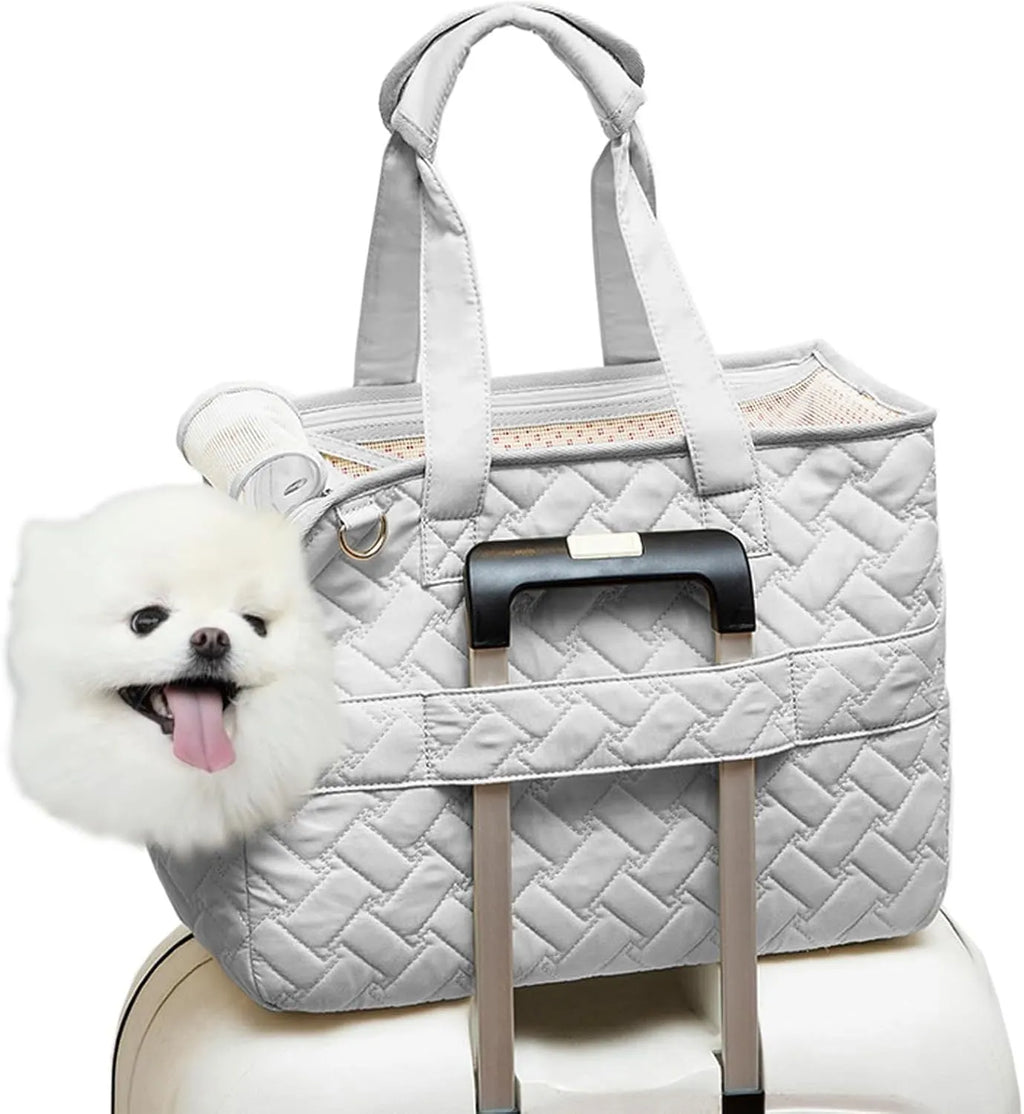 Gray nylon pet carrier handbag with mesh windows and multiple pockets for small cats and dogs
