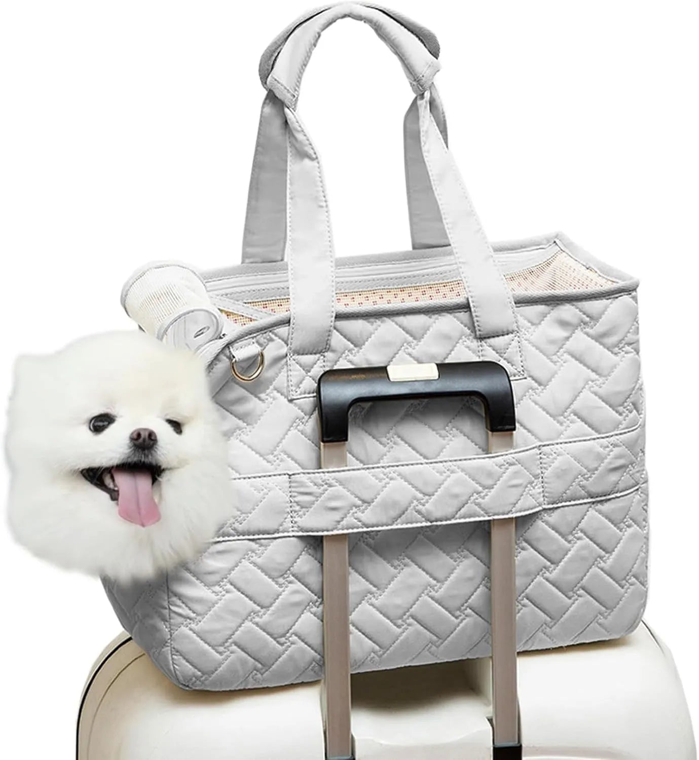 Gray nylon pet carrier handbag with mesh windows and multiple pockets for small cats and dogs