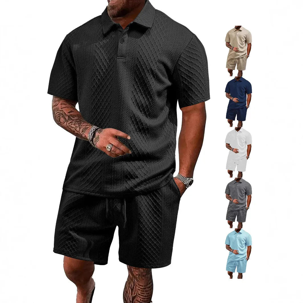 Men's patterned polyester casual short sleeve suit in multiple colours with polo shirt and trousers