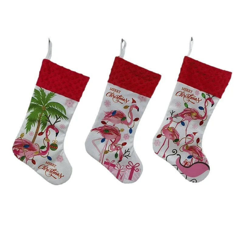 Flamingo Christmas stocking decoration in cloth fabric measuring 46cm by 28cm