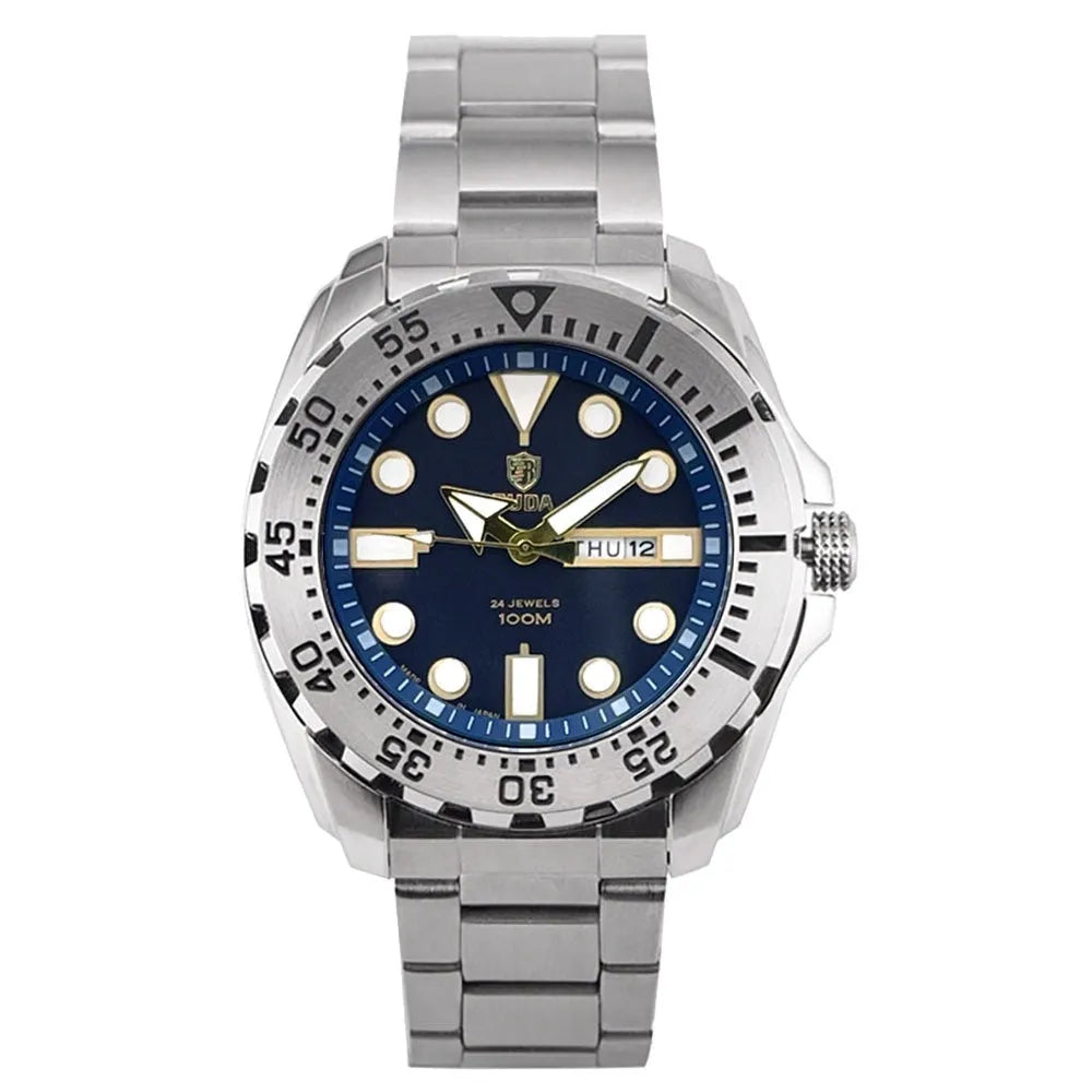 Men's waterproof quartz watch with luminous hands showing blue dial and steel bracelet option