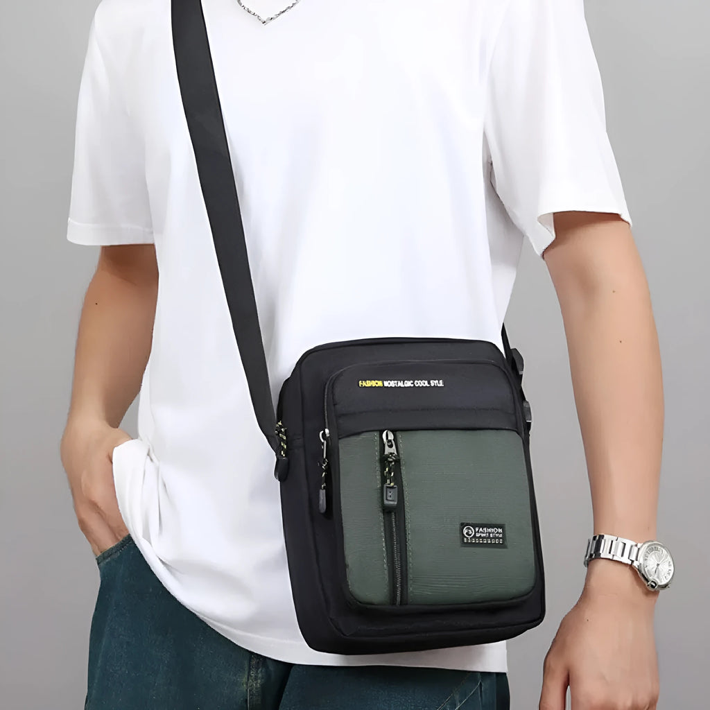 Men's casual nylon crossbody messenger bag shown in available colours: green, grey, black, and blue.