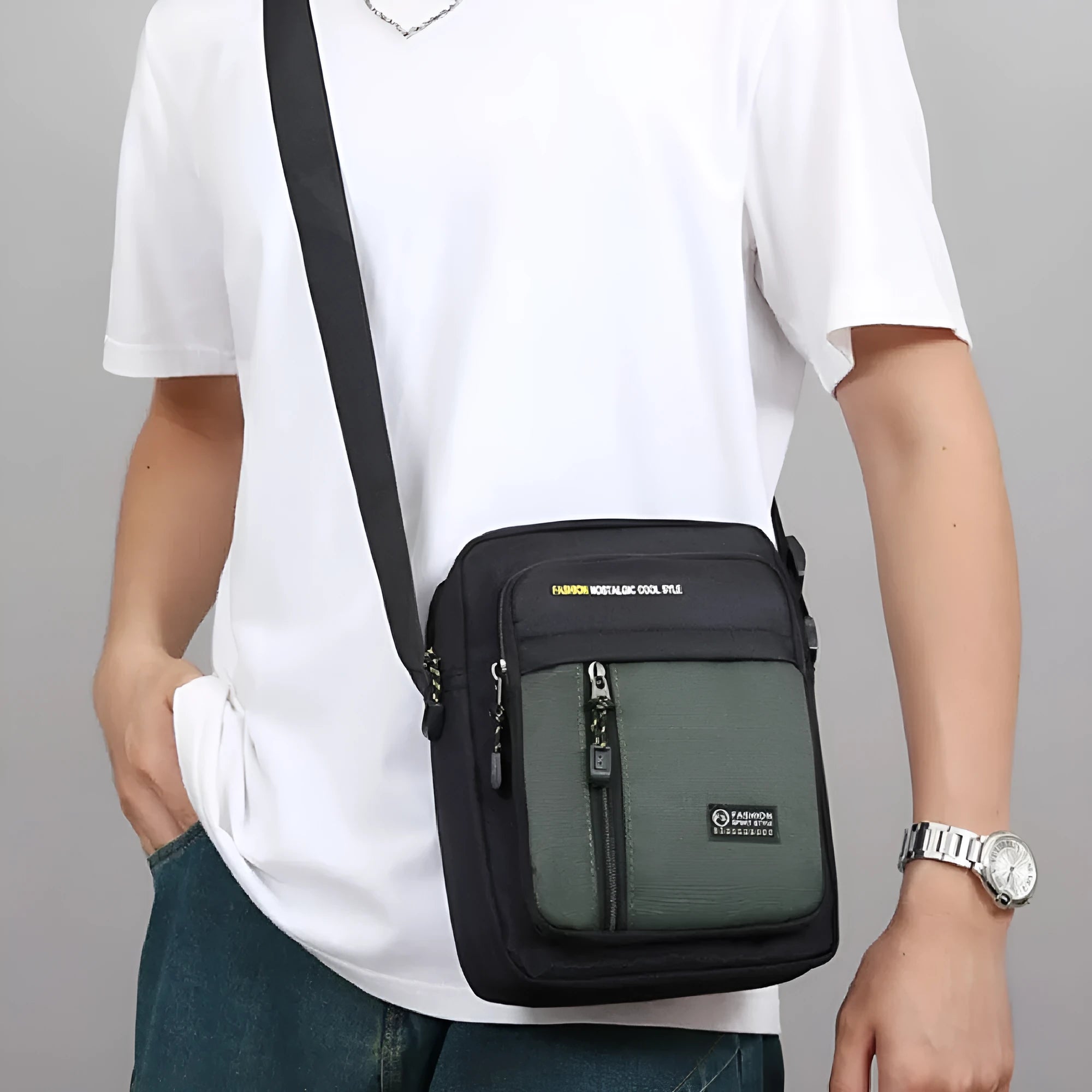 Men's casual nylon crossbody messenger bag shown in available colours: green, grey, black, and blue.