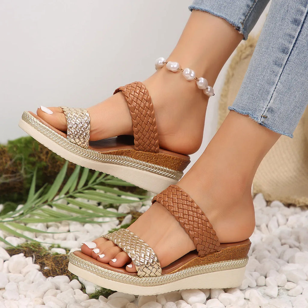Gold wedge sandals for women with PU upper and rubber sole, shown in a plus size width.