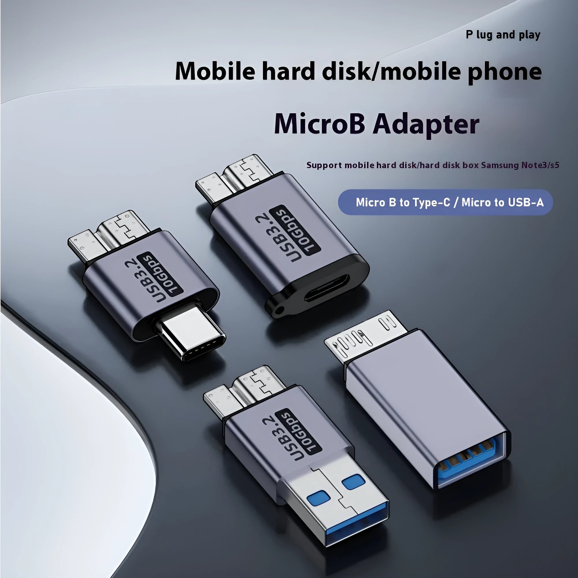 A Micro B adapter converter showing USB and Type-C to Micro B male connections for data transfer and charging.