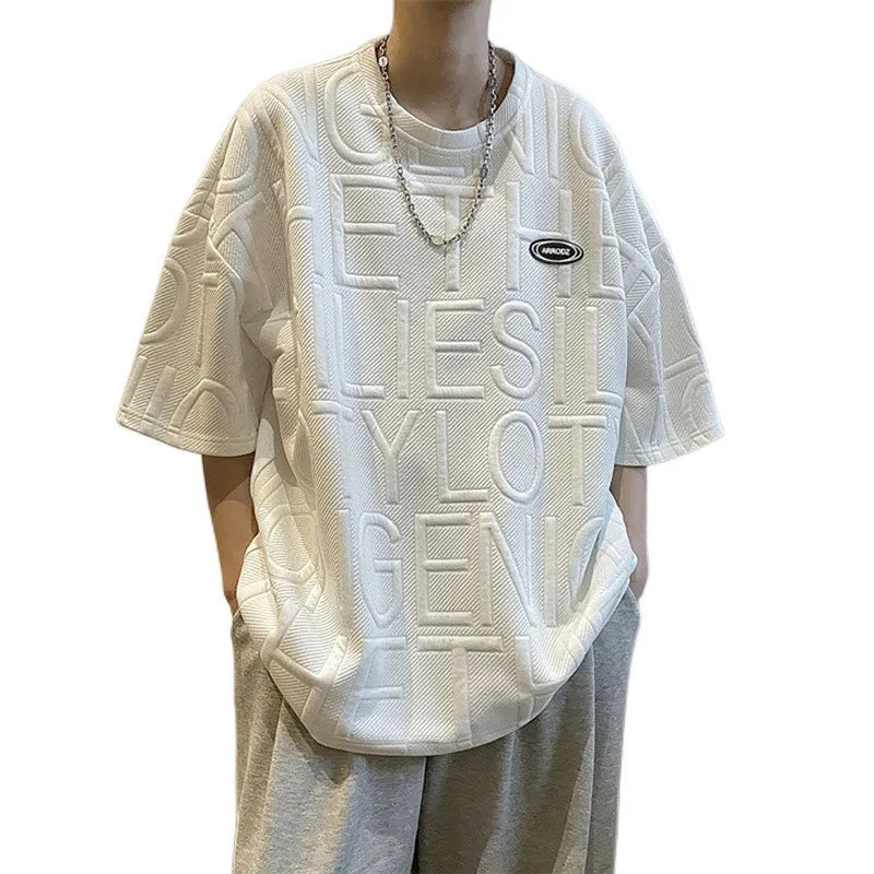 Men's grey t-shirt with three-dimensional raised letter pattern, short sleeves, loose retro fit
