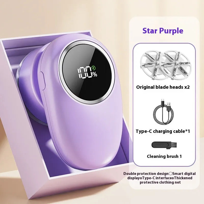 Beige and purple digital display fur ball trimmer with cutter heads for pet hair removal