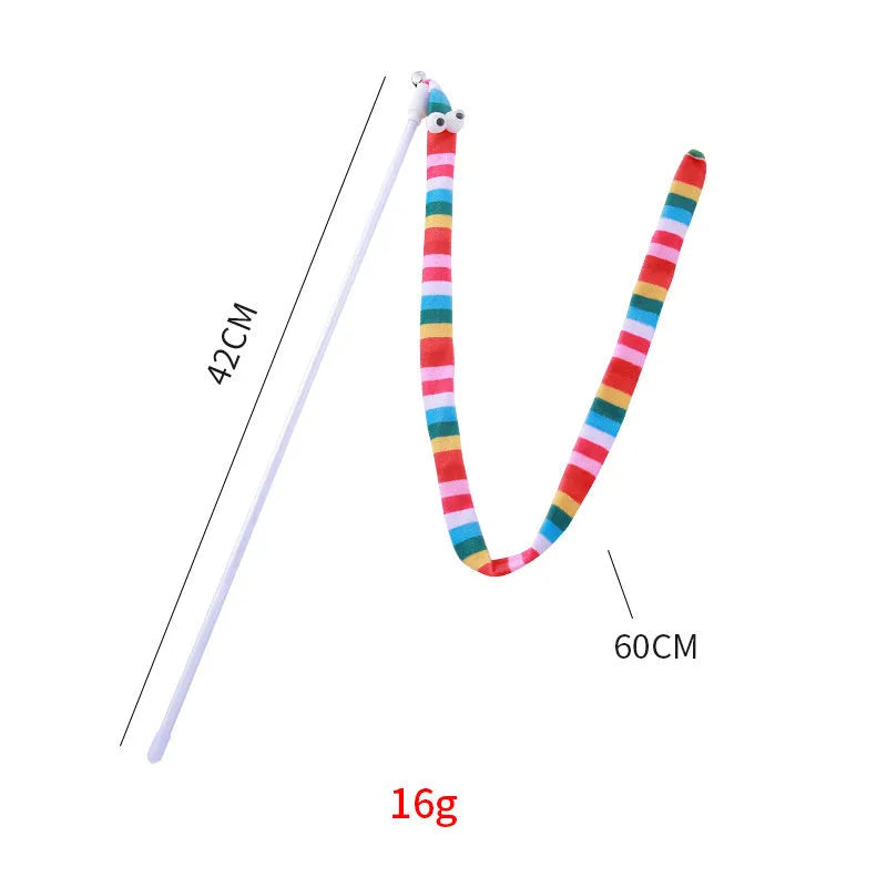 Green cat wand toy with long plush strip on a polycarbonate pole