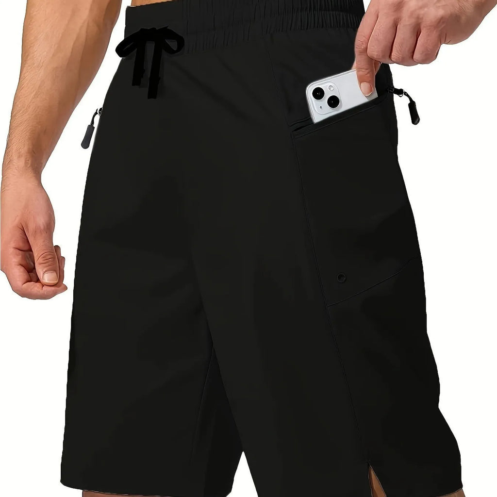 Men's solid colour quick-drying beach shorts in polyester fabric showing straight-leg cut