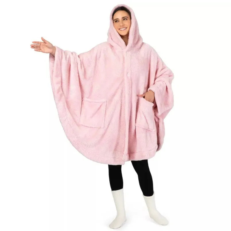 Thickened hooded cloak bathrobe in polyester fabric shown in three colour options: black, dark grey and pink