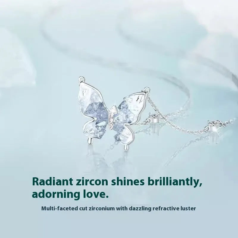 Silver butterfly necklace with adjustable O-ring chain showing ice rain butterfly pendant on S925 silver