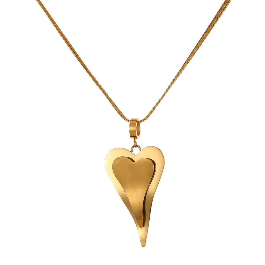 Close-up of a women's stainless steel necklace with a geometric double heart and snake bones chain design.