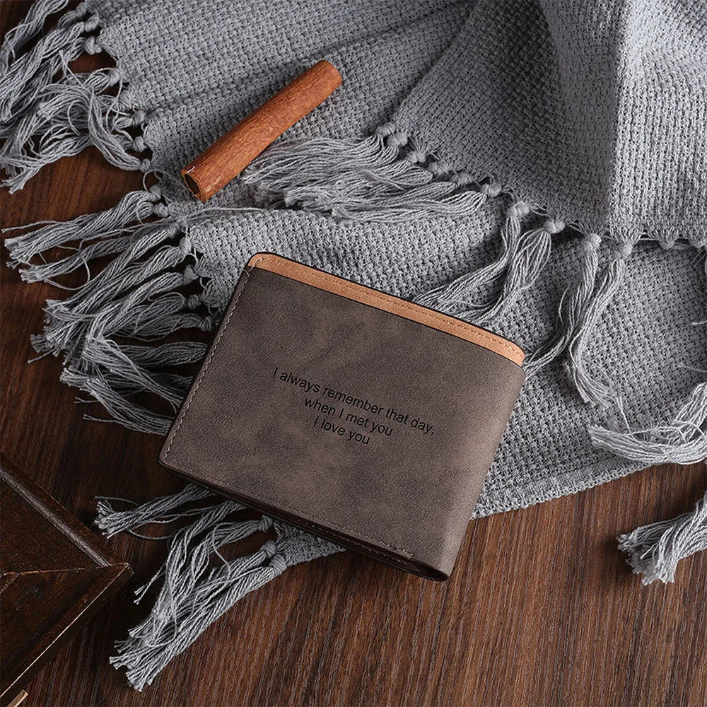 Engraved coffee-colour horizontal PU wallet showing custom photo personalisation.