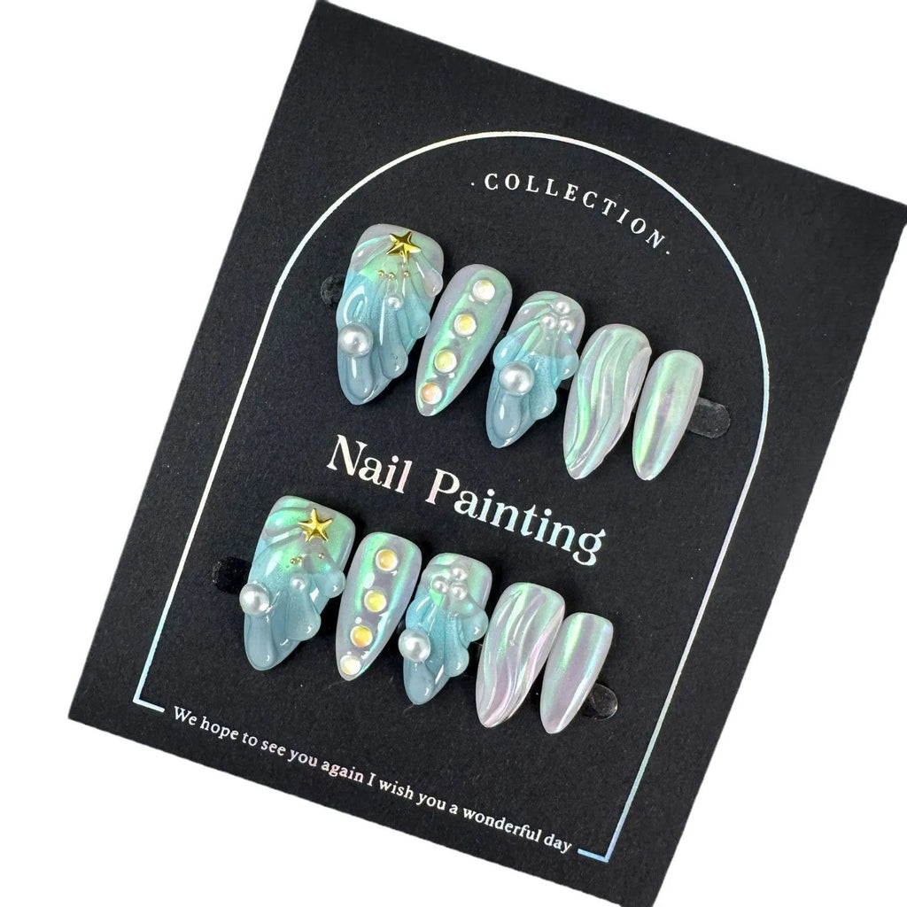 Blue plastic nail tip shells in four sizes for nail extensions and decorative manicures