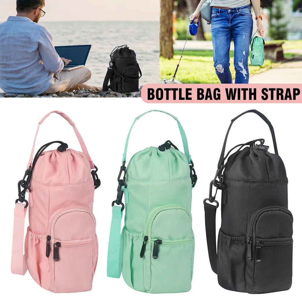 Cloth water bottle pouch crossbody bag with adjustable strap in black, green, and pink.