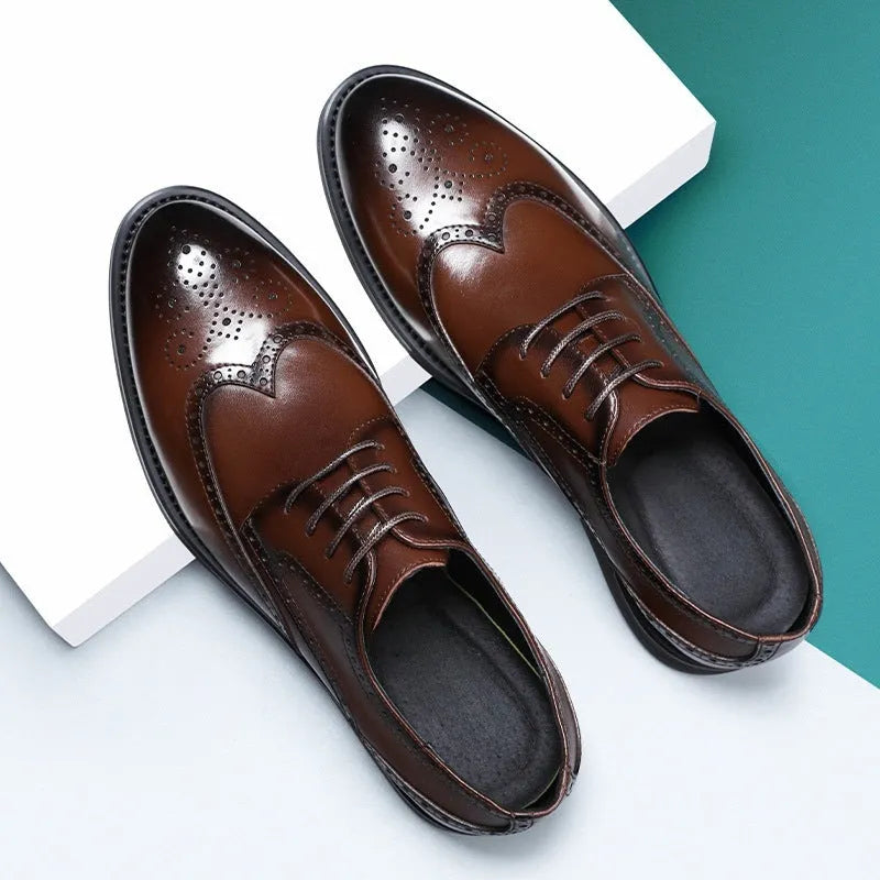 Men's black and brown brogue formal shoes with PU leather upper for business wear.