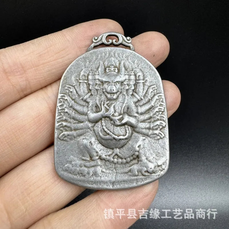 Chinese iron pendant with Aryaacalanatha and Yamantaka geometric designs as hanging wall ornament