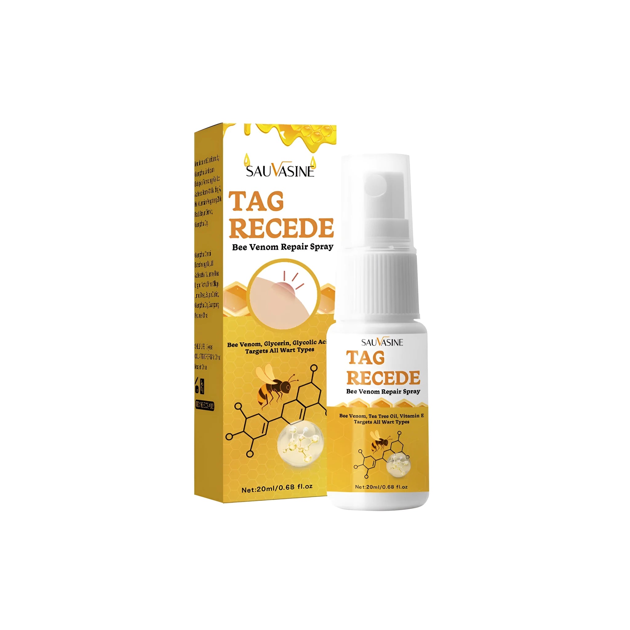 Box and bottle of Bee Wart Spray skin cream, 20ml, for treating warts and moles.