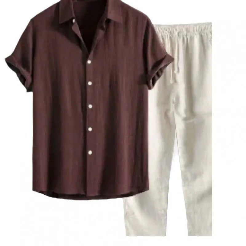 Men's casual linen-style shirt and trousers suit in multiple colour options with loose short sleeve design