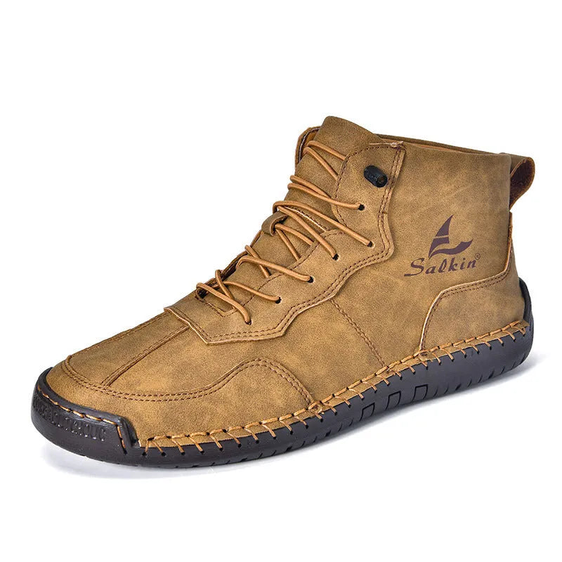 Men's high-top casual boots with elastic band closure and round toe design in dark blue colour