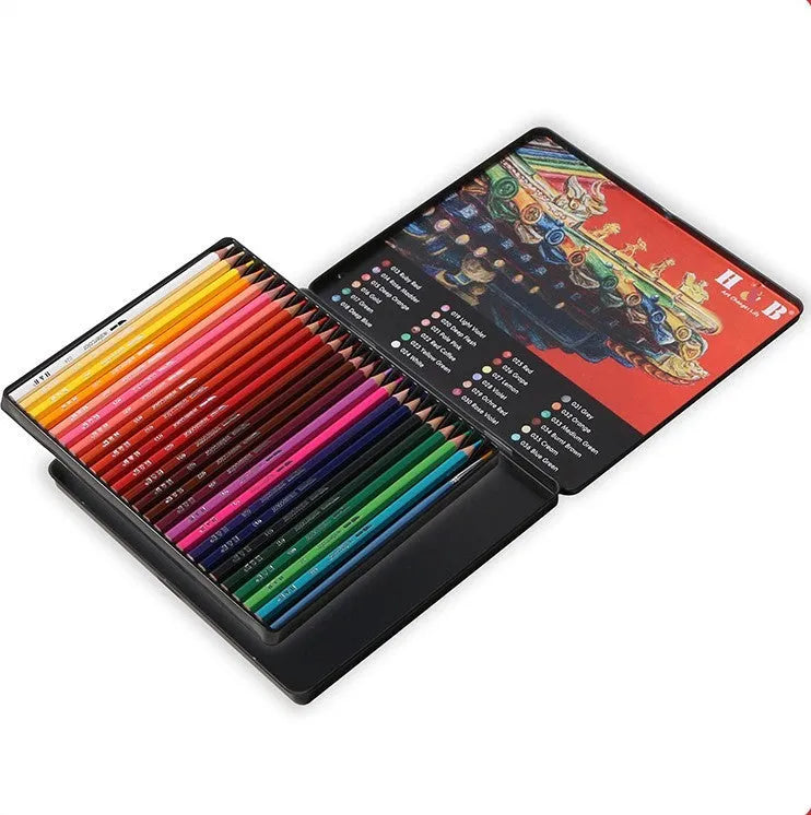 Professional 24-colour water-soluble pencil set in silver metal tin box with brush