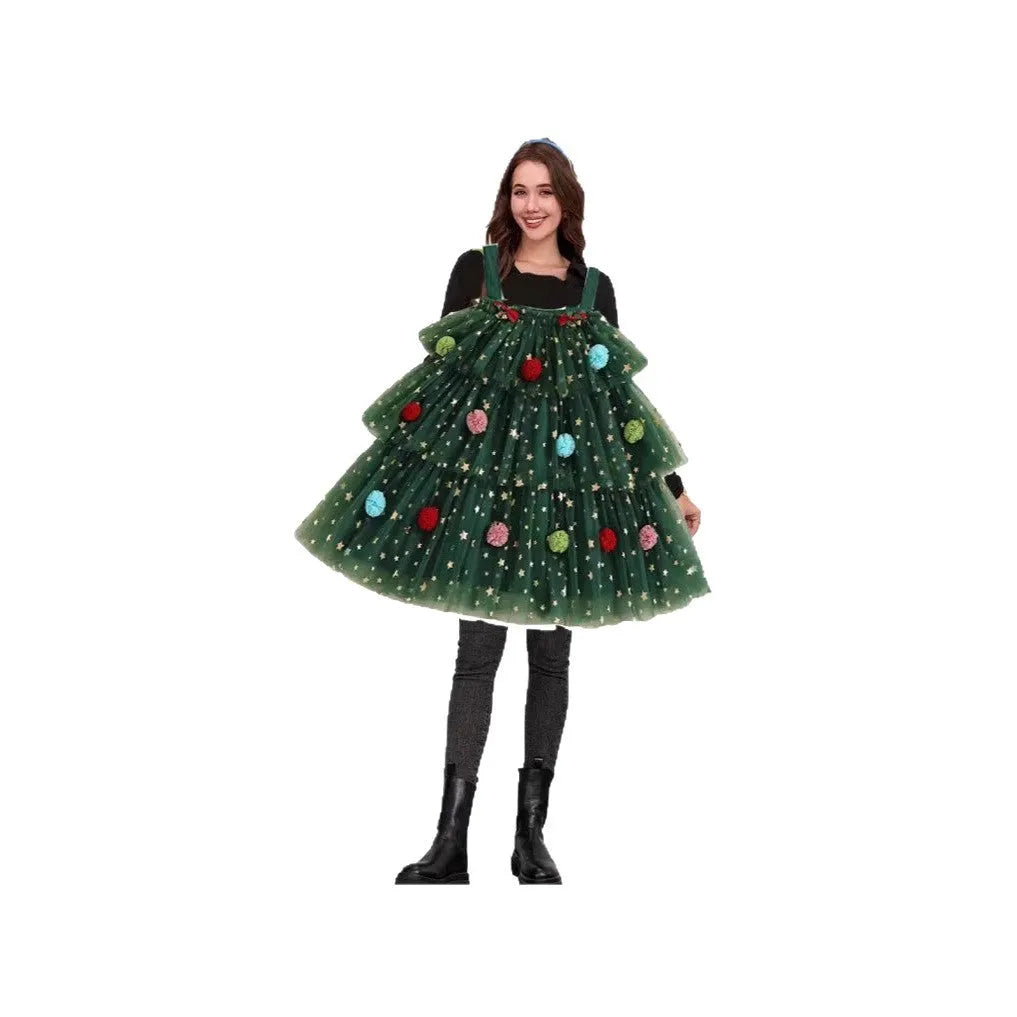 Green women's Christmas tree pattern suspender dress with polka dots and colourful balls.