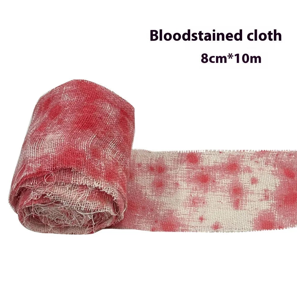 Halloween horror style bloody red dyed gauze bandage roll made from polyester fibre.
