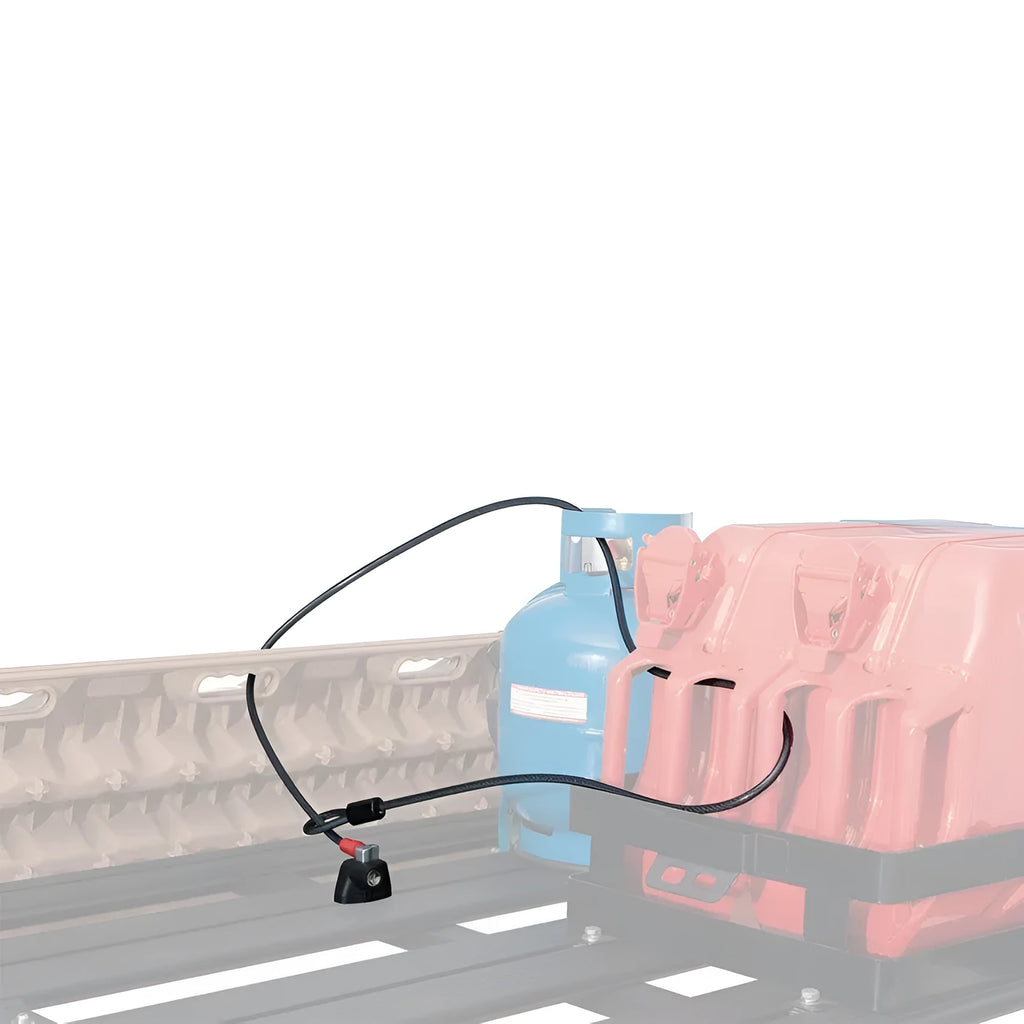 Roof platform steel cable lock with plastic sheath securing a kayak to roof bars.