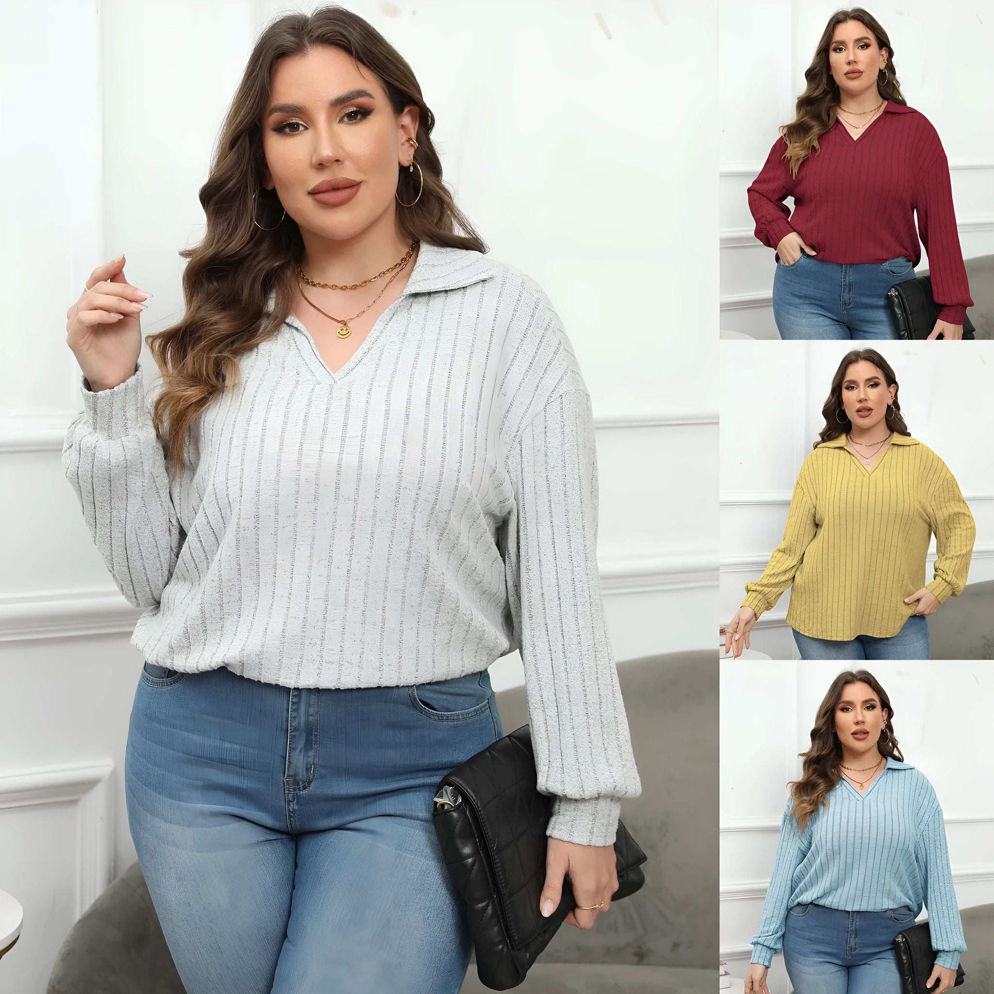 Women's plus size grey polo collar blouse with lantern sleeves, made from polar fleece fabric.