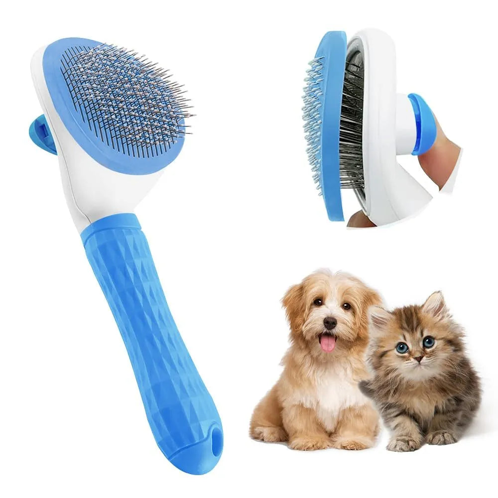Blue cat grooming brush with a release button and fine wire bristles for removing loose pet hair.