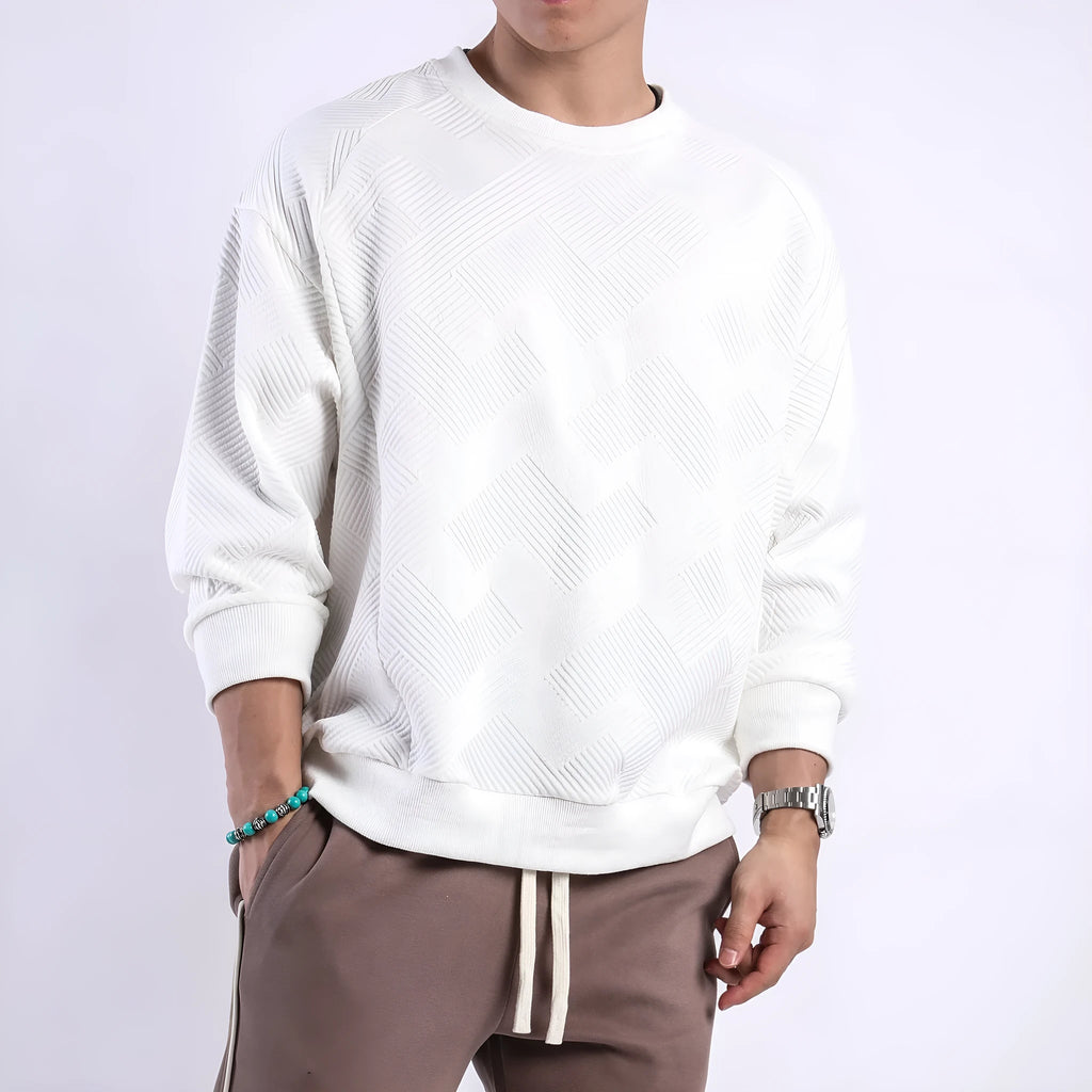 Men's loose fit twill jacquard pullover sweater in Army Green colour showing round neck and long sleeves