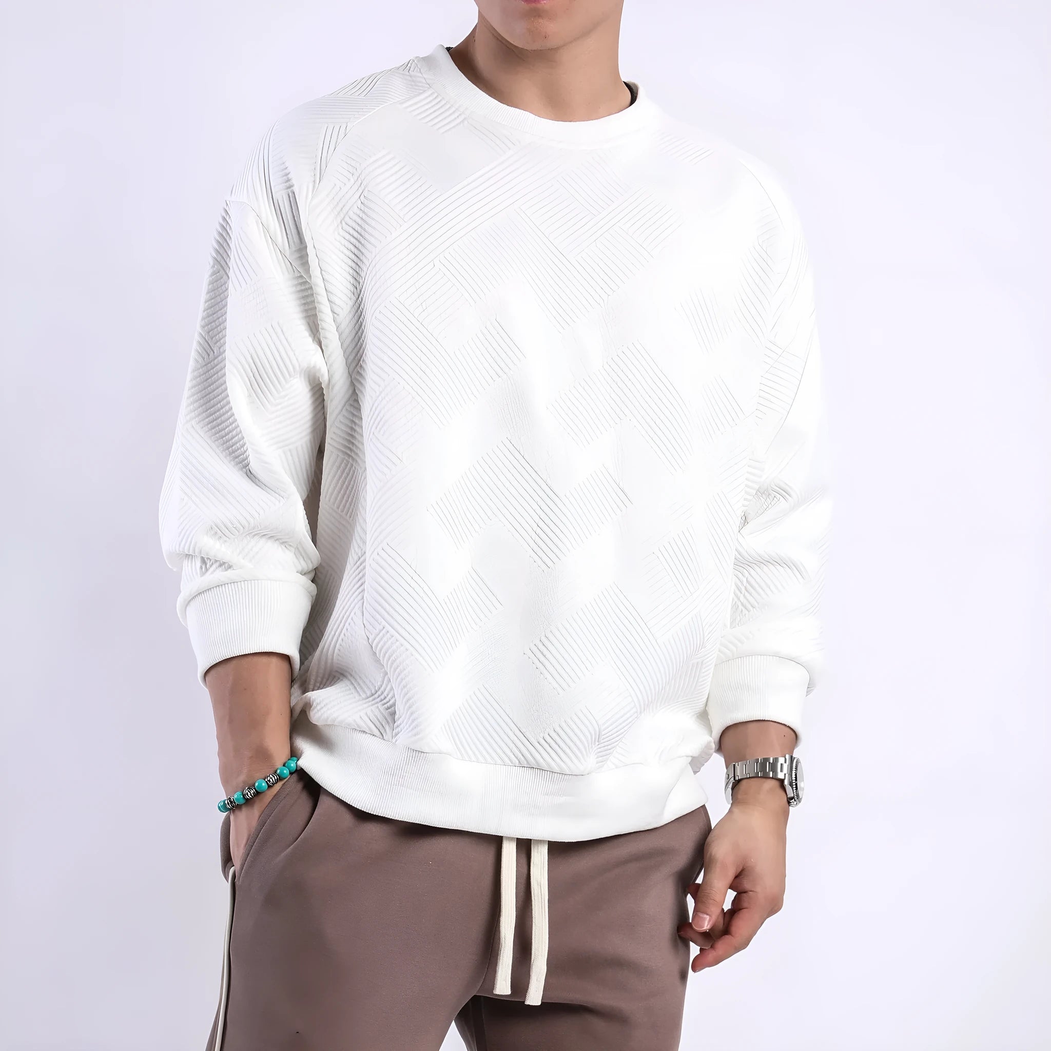 Men's loose fit twill jacquard pullover sweater in Army Green colour showing round neck and long sleeves