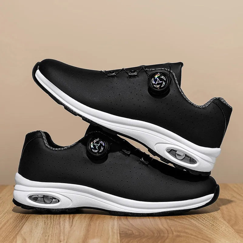 Black and white low-top mesh casual tennis shoes with lace-up front and cross shoulder straps