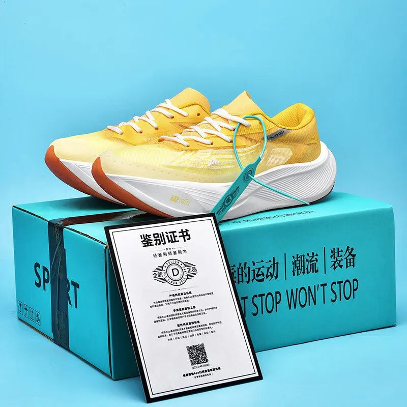 Low-top racing sneaker with carbon plate technology in Glacier colour, showing front lace-up design.
