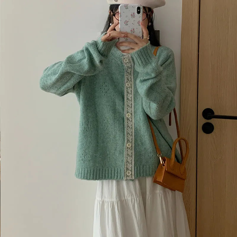 Korean artistic retro style sweater coat in viscose fibre fabric with loose fit and cardigan design