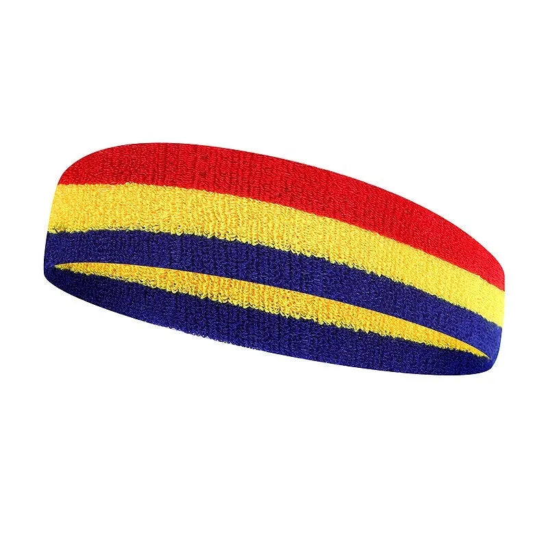 Cotton sports headband for adults in black red yellow colour combination measuring 5.5 by 20 cm
