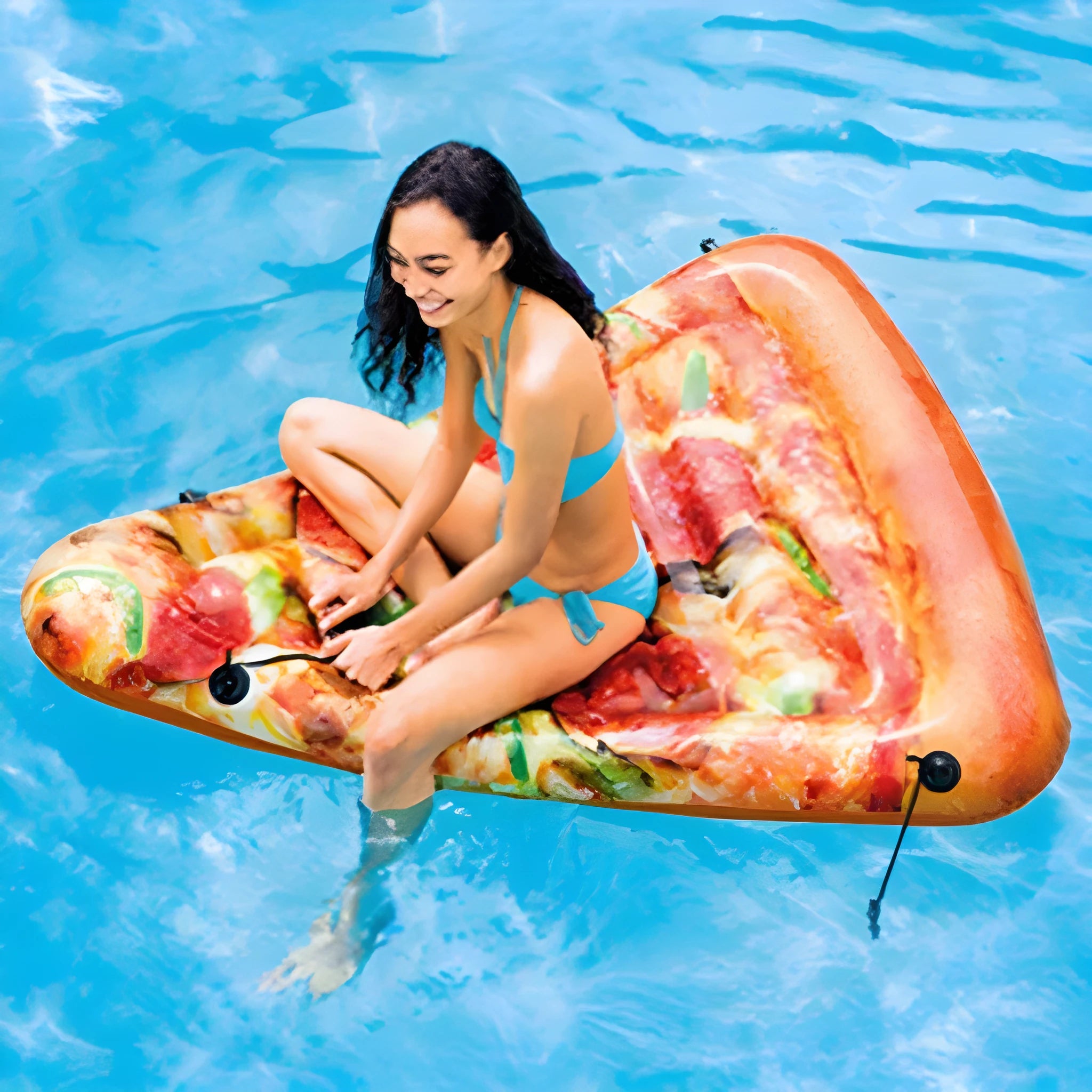 Large inflatable pizza slice pool float recliner on blue water