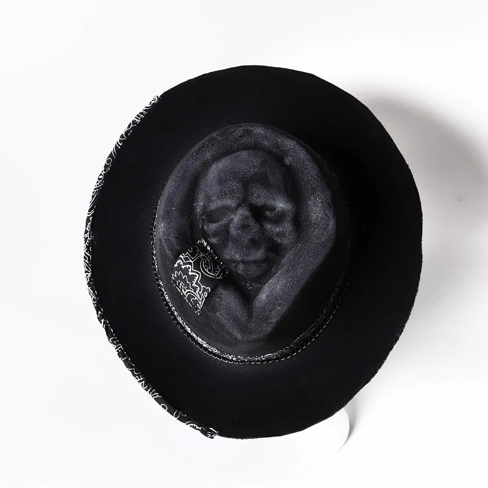 Black handmade wool felt skull hat with conical crown for Halloween costumes