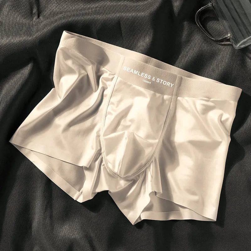 Men's ice silk satin boxer shorts on a white background, showing mid-waist design.