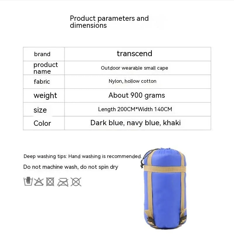 Army green outdoor cloak sleeping bag laid flat showing its 200x140cm size and wearable hood design.