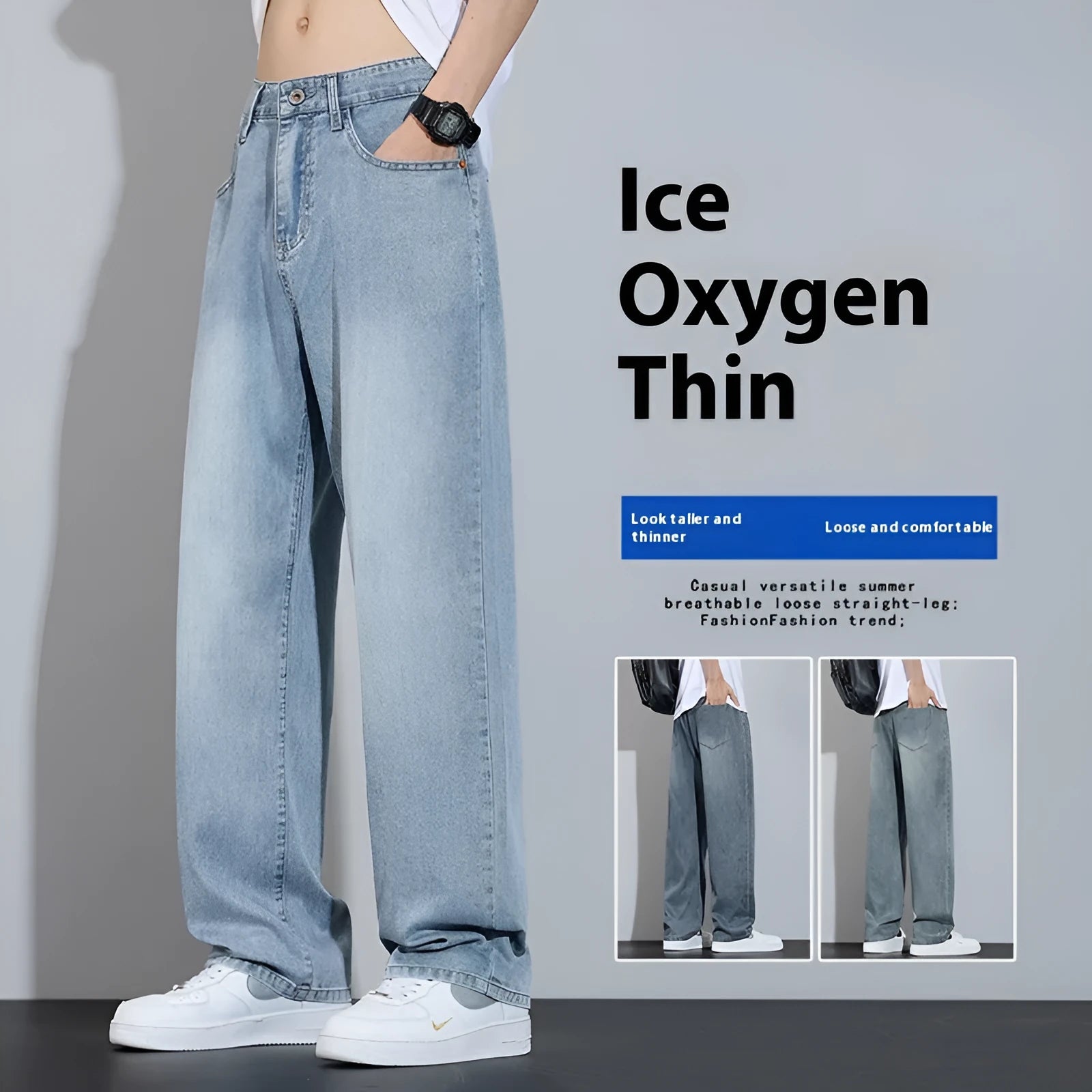 Man wearing straight-leg light blue denim casual trousers for leisure