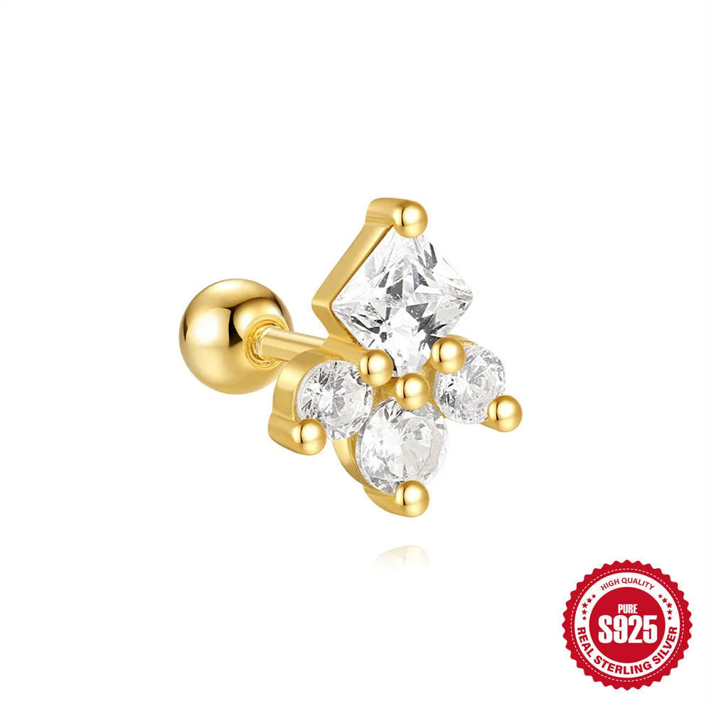 S925 sterling silver red flower stud earrings with square gravel texture in a gold colour.