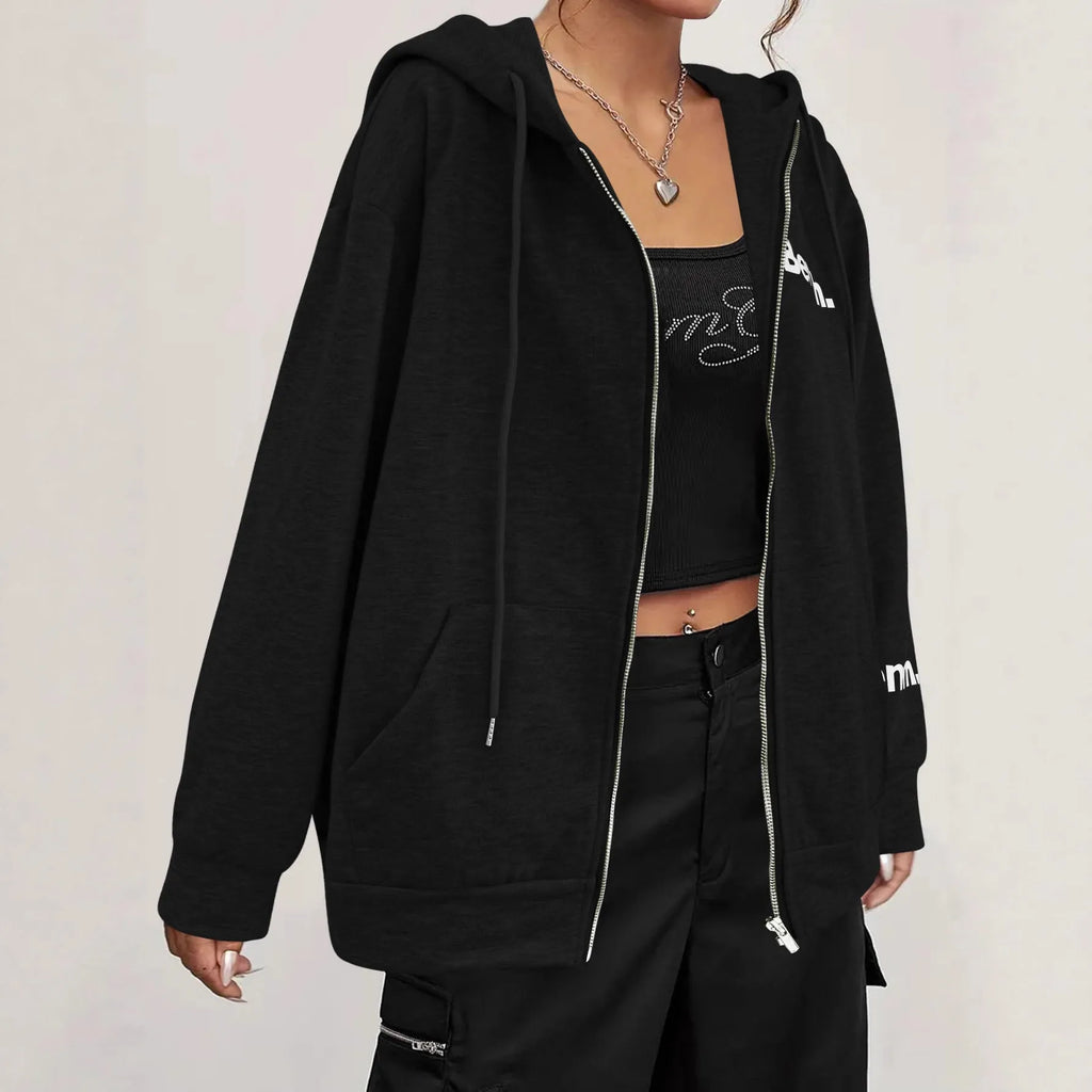 Black letter print polyester zipper sweater coat with hood, loose Japanese Korean casual style
