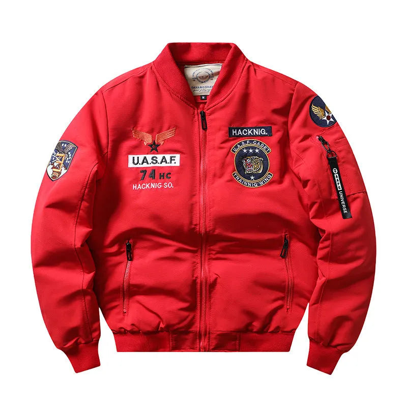 Men's slim-fit stand collar retro motorcycle cotton-padded coat in blue, black, green, or red.