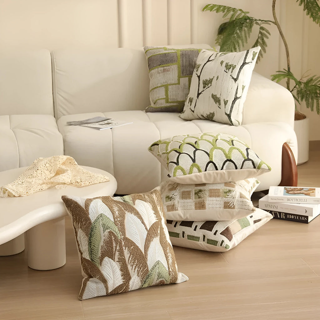 Square jacquard cushion cover with detailed plant and flower pattern in Nordic retro style.