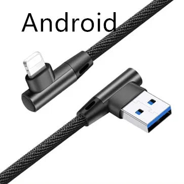 USB fast charging cable with denim fabric sleeve, showing Android and Type C connector options in red colour.